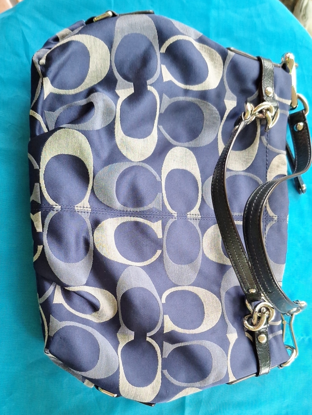 Coach Navy Signature C Print Shoulder Bag with Black Leather Straps